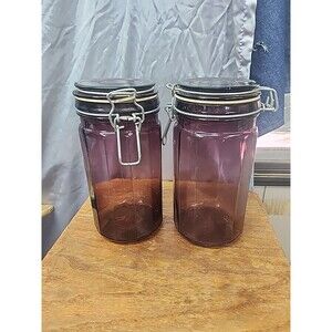 Vintage 2 amathyst purple Glass Jar Canister Airtight Locking Hinge Lid 8"